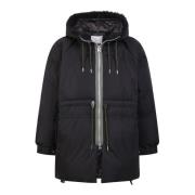 Blouson down jacket with hood and drawstring waist that help retain heat