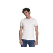 Hvid Crew Neck T-Shirt med Farverige Stribede Halsudskæring og Ærmekanter