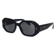Solbriller med uregelmæssig form i sort acetat med mørke røgfarvede linser