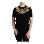 Sort Cashmere Guld Blomstret Sweater Top