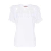 Hvid Blonde Paneleret T-shirt med Blomsterdetaljer