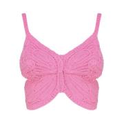 Pink Ribstrikket Crop Top med Butterfly Wing Broderi