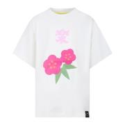 Hvid Bomuld T-shirt med Fuchsia Blomsterprint