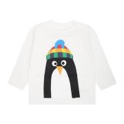 Hvid Pingvin Print Langærmet T-Shirt