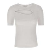 Hvid Ribbet Bomuld T-shirt med Udklipp