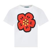 Hvid Bomuld T-Shirt med Rød Blomst