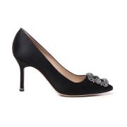 Sort Satin Beveled Toe Pumps