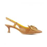 Brune læder slingback sandaler med guld-tone spænde