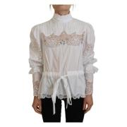 Elegant Hvid Blonder Trim Bluse