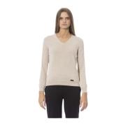 Beige V-Neck Ribbed Knit Sweater