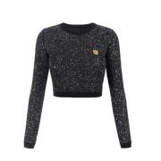 Sort Paillet Tråd Cropped Sweater