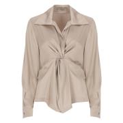 Beige V-Neck Bluse med Krave