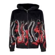 Sort Zip Hoodie med Tentakel Print