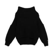 Sort Off-Shoulder Sweater med Logo Patch