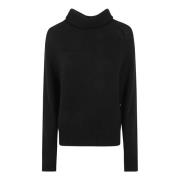 Sort Ribstrikket Rullekrave Sweatshirt