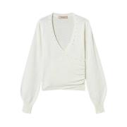 Angora V-hals sweater med perlebroderi