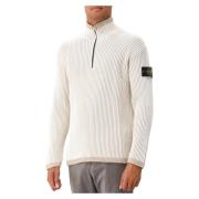 Beige Uld Ribbet Halv Lynlås Sweater