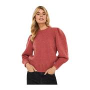 Rød Emma Sweater Ribbet Rund Hals Puff Ærmer