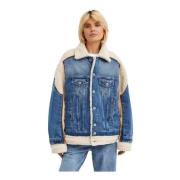 Blå Denim Shearling Jakke Oversized Stil