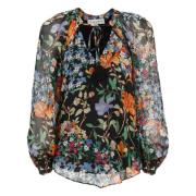 Sort Blomstret Silkebluse