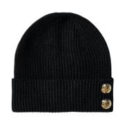 Sort Beanie Hat med Guld Knapper