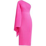 Fuchsia Pink Ribbed Strik En-Skulder Kjole