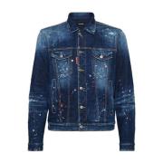 Blå Maling Splatter Denim Jakke