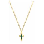 Men's Sterling Silver Gold Plated Mini Cross Necklace with Green Enamel