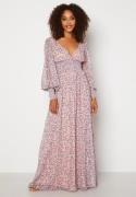 Goddiva Ditsy Long Sleeve Shirred Maxi Dress Blush S (UK10)