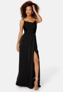 Bubbleroom Occasion Waterfall High Slit Satin Gown Black 38