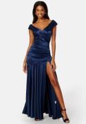 Goddiva Satin Bardot Pleat Maxi With Split Navy XS (UK8)