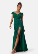 Goddiva Bardot Pleat Maxi Split Dress Dark green S (UK10)