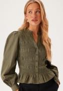 BUBBLEROOM V-neck Cotton Smock Blouse Khaki green L