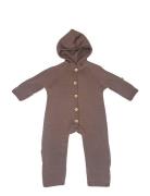 Jumpsuit Merino Wool W. Buttons And Hoodie, Rose Brown Jumpsuit Brown Smallstuff