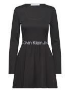 Logo Elastic Long Sleeve Dress Knælang Kjole Black Calvin Klein Jeans