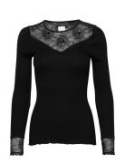 Silk T-Shirt Regular Ls W/Lace Tops T-shirts & Tops Long-sleeved Black Rosemunde