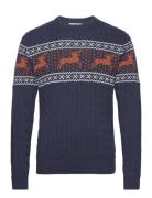 Slhreindeer Ls Cable Knit Crew Ex Tops Knitwear Round Necks Navy Selected Homme