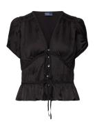 Braided-Trim Pleated Satin Peplum Top Tops Blouses Short-sleeved Black Polo Ralph Lauren