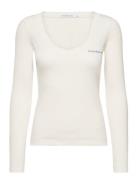 Rib V-Neck Monologo Long Sleeve Tops T-shirts & Tops Long-sleeved White Calvin Klein Jeans