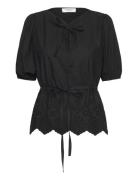 Cotton Blouse W/ Embroidery Tops Blouses Short-sleeved Black Rosemunde