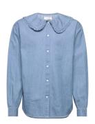 Babydoll Blouse With Denim Neck Tops Shirts Long-sleeved Shirts Blue Mango
