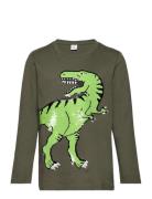 Top Ls Dino Sequins Tops T-shirts Long-sleeved T-Skjorte Khaki Green Lindex