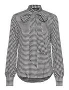Houndstooth Crepe Tie-Neck Shirt Tops Blouses Long-sleeved Black Lauren Ralph Lauren