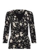 Floral Surplice Stretch Jersey Top Tops T-shirts & Tops Long-sleeved Black Lauren Ralph Lauren