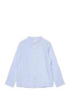 Striped Mandarin-Collar Linen Shirt Tops Shirts Long-sleeved Shirts Blue Mango