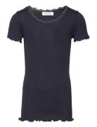 Silk T-Shirt Ss W/ Lace Tops T-Kortærmet Skjorte Navy Rosemunde Kids