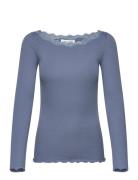 Organic T-Shirt W/Lace Tops T-shirts & Tops Long-sleeved Blue Rosemunde