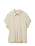 Shortsleeve Blouse With Linen Tops Blouses Short-sleeved Beige Tom Tailor