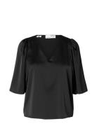 Slflena 2/4 V-Neck Top D2 Tops Blouses Short-sleeved Black Selected Femme