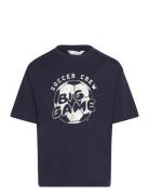 Printed Cotton-Blend T-Shirt Tops T-Kortærmet Skjorte Navy Mango